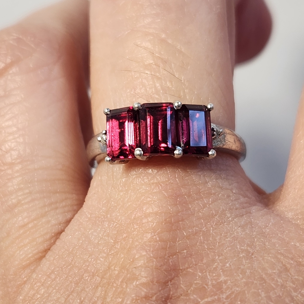 Vtg 925 Ruby Red Ruby Emerald Cut Three-Stone Tri… - image 1